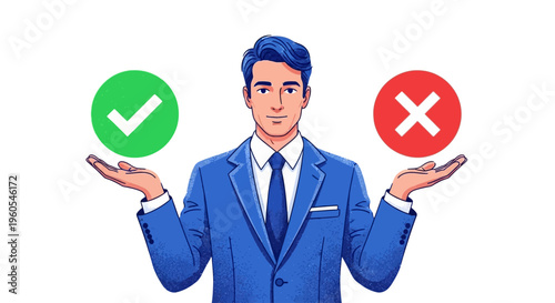 Professional weighing options A businessman making a critical choice between approval and rejection with distinct symbols