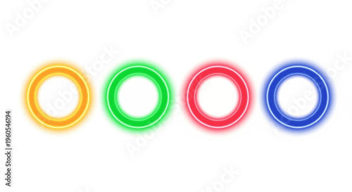 Vibrant Glowing Circular Interface Elements A Modern and Futuristic Graphic Design with Dynamic Light Rings in Four Different Colors