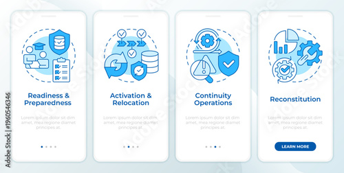 Operation activation continuity phases blue onboarding mobile app screen. Walkthrough 4 steps editable graphic instructions with linear concepts. UI, UX, GUI. Montserrat SemiBold, Regular fonts used