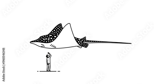 Majestic spotted ray gracefully hovers above a tiny observing human figure, showcasing vast scale