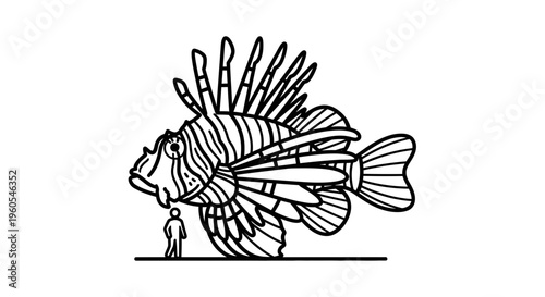 Gigantic lionfish line illustration contrasting with human scale an underwater predator graphic
