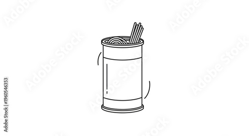 Minimalist line art illustration of a container holding uncooked pasta noodles and chopsticks for
