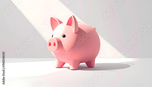 Pink piggy bank stands in bright studio lighting on white floor with light gradient