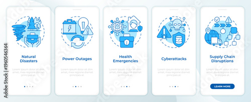 Variety of unexpected occurrences blue onboarding mobile app screen. Walkthrough 5 steps editable graphic instructions with linear concepts. UI, UX, GUI. Montserrat SemiBold, Regular fonts used