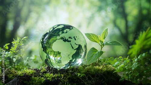 Glass globe with green world map on mossy forest floor with small plant symbolizing eco friendly environment and sustainability