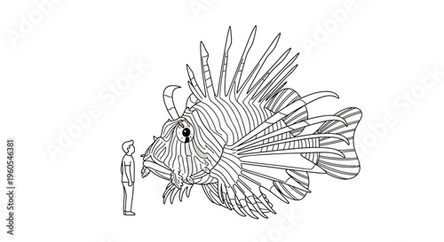 A massive, spiny lionfish dwarfs a human figure in this striking black and white line art
