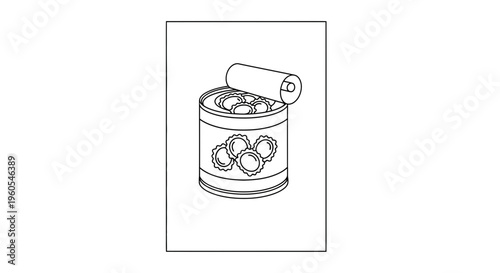 Stylized monochrome depiction of an unsealed metallic container showcasing multiple pasta pieces