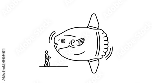 An immense ocean sunfish observed by a small human figure, showcasing vast marine scale