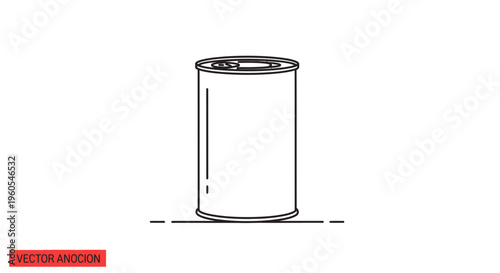 Minimalist black outline vector illustration of a blank metal food tin can on a clean white