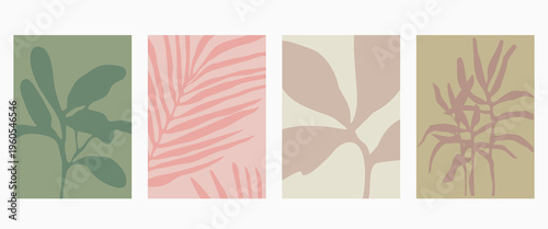 Set of abstract foliage poster vector design. Leaves, flower, organic shapes with earth tone colors. Illustration design for Eco packaging, interior, cover, wall art, wallpaper