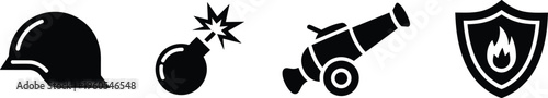 Military defense icons set, army helmet bomb cannon fire shield symbols vector illustration collection for security protection and warfare design