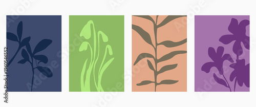 Set of abstract foliage poster vector design. Leaves, flower, organic shapes with earth tone colors. Illustration design for Eco packaging, interior, cover, wall art, wallpaper