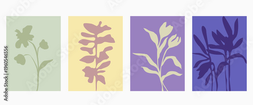 Set of abstract foliage poster vector design. Leaves, flower, organic shapes with earth tone colors. Illustration design for Eco packaging, interior, cover, wall art, wallpaper