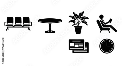 Essential Vector Icons for Office and Waiting Areas Furniture, Plant, Clock, Reading Person, and Digital Interface Elements for Business Environments