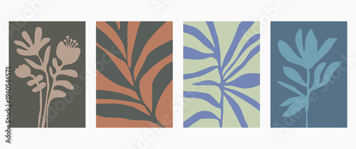 Set of abstract foliage poster vector design. Leaves, flower, organic shapes with earth tone colors. Illustration design for Eco packaging, interior, cover, wall art, wallpaper