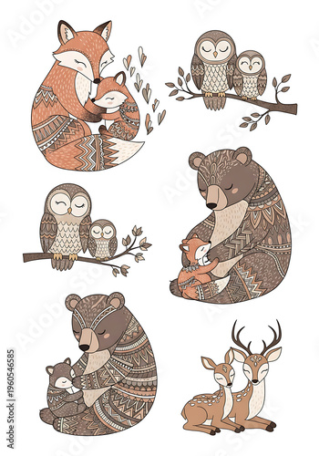 Adorable Woodland Animal Families Vector Illustration with Tribal Folk Art Patterns