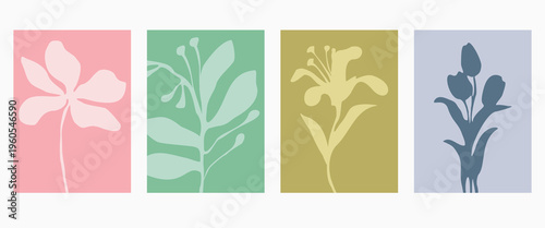 Set of abstract foliage poster vector design. Leaves, flower, organic shapes with earth tone colors. Illustration design for Eco packaging, interior, cover, wall art, wallpaper