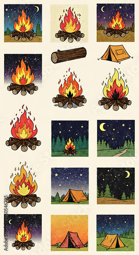 A Diverse Collection of Retro Comic Style Campfire and Camping Illustrations