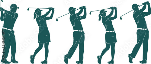Set of professional golf player silhouettes practicing swing motion in different poses isolated on white background for sports and outdoor activity.
