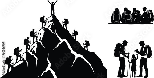 Silhouette of hikers climbing a mountain peak with people trekking hiking gear family walking together and group of backpackers resting outdoor