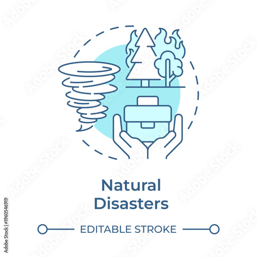 Natural disasters soft blue concept icon. Environmental events risk. Variety of unexpected occurrences. Round shape line illustration. Abstract idea. Graphic design. Easy to use in booklet