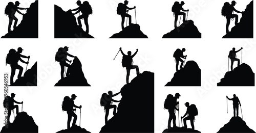 Silhouette of mountaineers set featuring hikers climbing mountain peaks with backpacks and trekking poles for extreme outdoor adventure and sports exploration