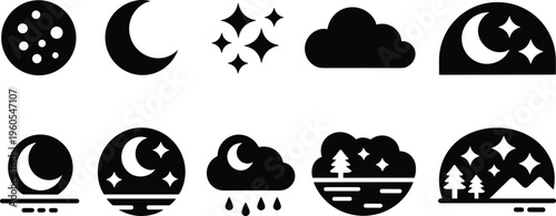 Night and weather icons collection, moon cloud stars set, sky conditions illustration, isolated vector symbols, nighttime landscape, forecast elements bundle design