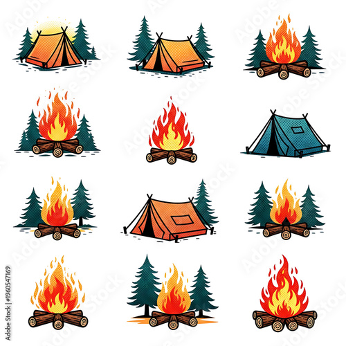 Vibrant Collection of Retro Camping Adventures with Tents and Roaring Campfires Illustrations