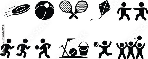 Outdoor recreation icons collection, beach sports activities set, summer fun illustration, isolated vector symbols, leisure games, active lifestyle bundle design