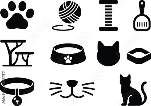 pet care icon set, cat accessories collection, animal symbols food bowl collar toy scratch post vector black silhouette design