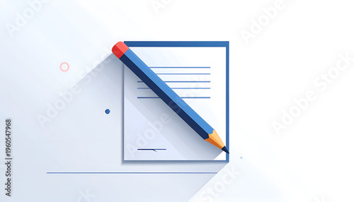 Blue pencil leaning on a paper sheet ready to write in modern flat vector style