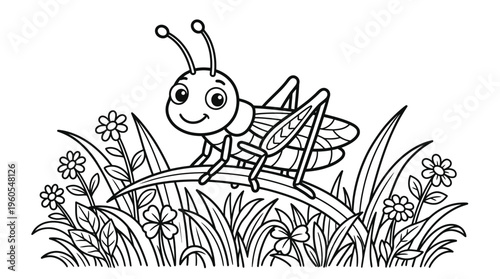 Smiling cartoon insect on leaf outdoors.