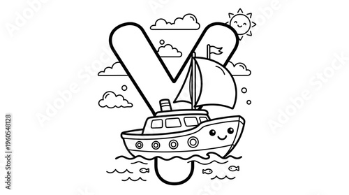 Smiling boat with sail on water.