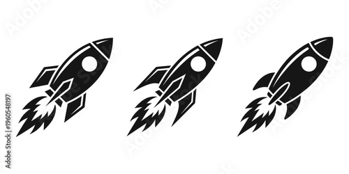 Solid black space rocket ship launch vector icon set pack