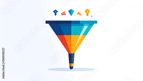 Colorful funnel graphic with conversion icons representing sales and marketing process