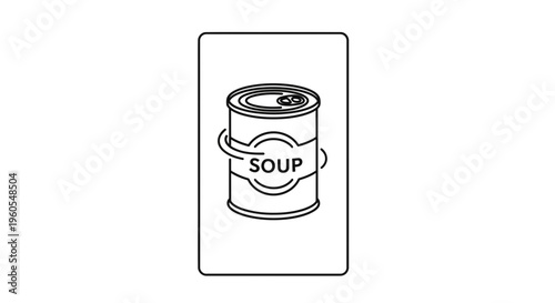 Minimalist black outline drawing of a classic canned soup container with a distinct label