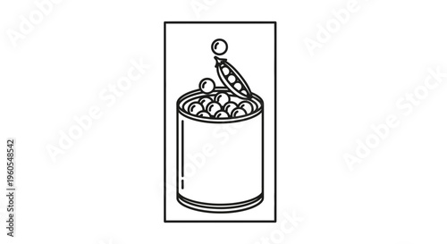 An illustrative depiction of preserved green peas inside a metal container with fresh pods nearby
