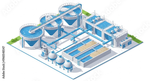 Industrial wastewater treatment plant with clarifiers and tanks.