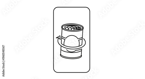 Simple line art illustration depicting a metal food can with a recycling symbol for environmental