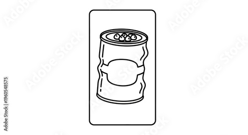 Minimalist line art illustration depicting a dented open food can filled with small round edibles