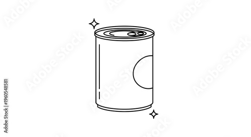 Clean illustrative black and white icon of a shiny metallic food or beverage can simple line art