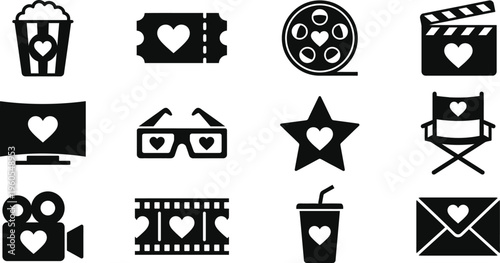 Film and cinema icon set with heart symbols