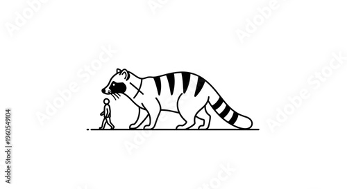 Enormous stylized raccoon towering over a diminutive human figure in stark monochrome illustration