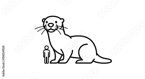 A humorous line art illustration depicting an oversized otter next to a tiny human figure for