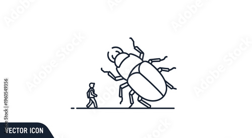 Stylized Encounter Between a Small Person and an Enormous Insect Outline Illustration