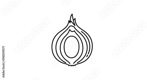 Black outline drawing of a halved onion showcasing its distinct concentric layers on a clean white