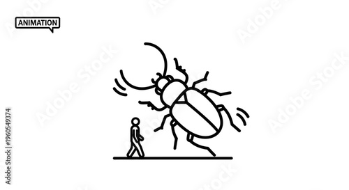 Dynamic minimalist line art animation shows a small person facing an enormous beetle illustration