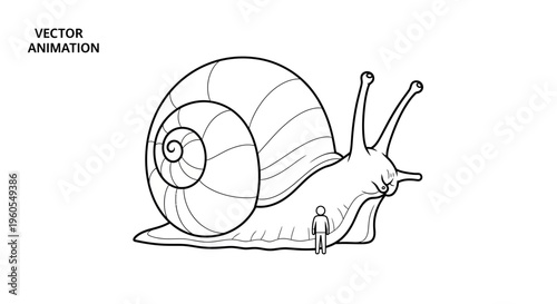 Vector animation concept showing a tiny person next to a colossal gastropod creature