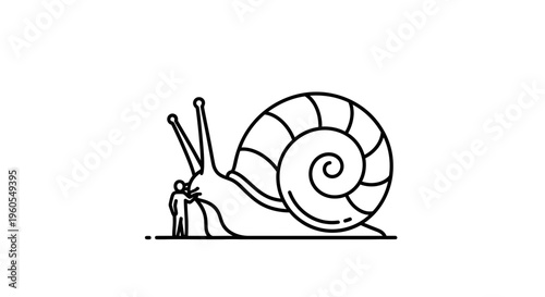 Abstract line art of a minuscule person interacting with an enormous terrestrial mollusk