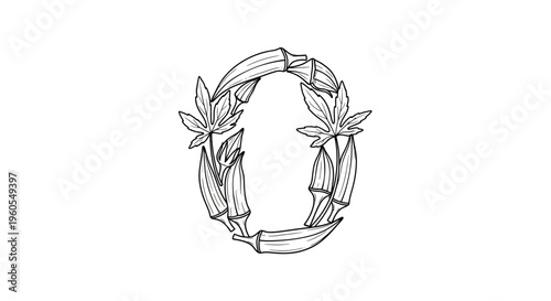 Elegant black and white line art forming the letter O with fresh okra vegetables and botanical